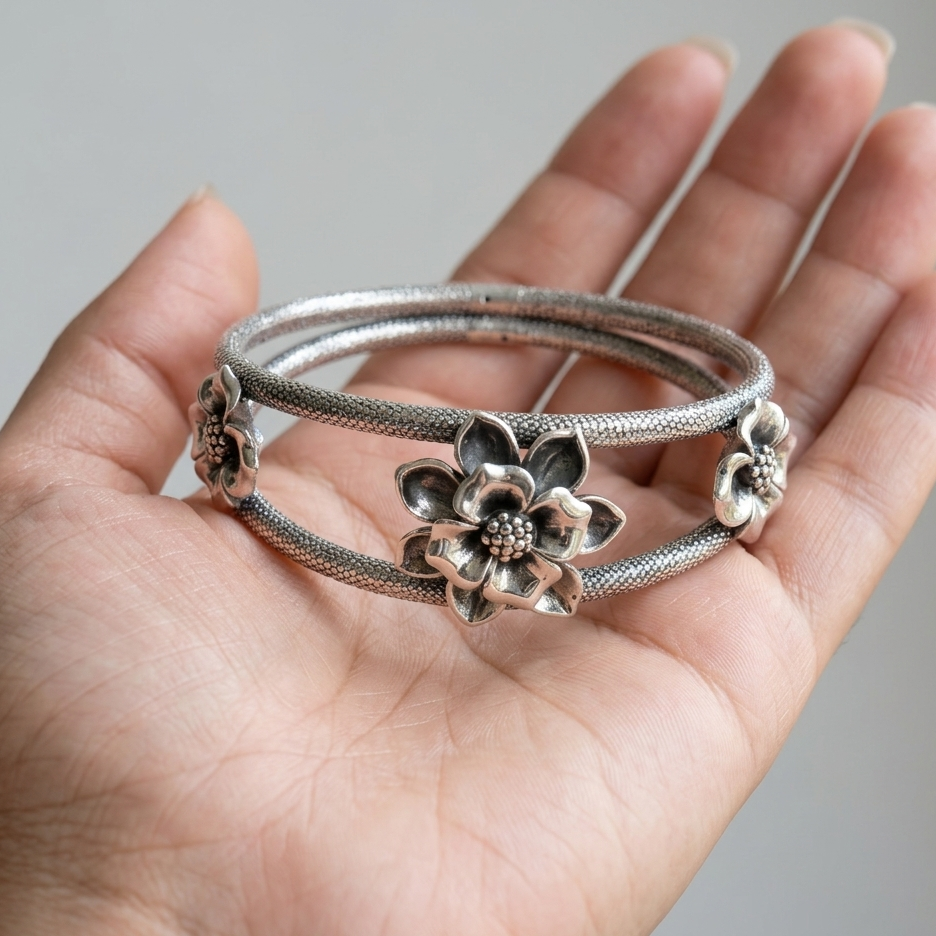 925 sterling silver flower design bangle bracelet with vintage floral work, traditional wedding jewelry by TRIBAL ORNAMENTS