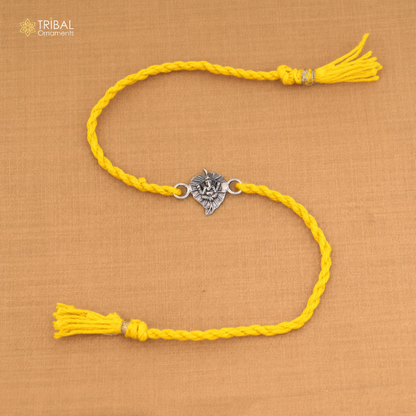 925 sterling silver god Ganesha design bracelet with yellow thread rakhi rk164
