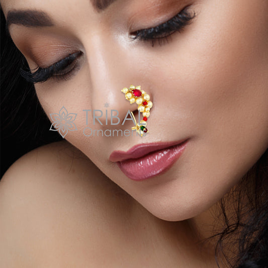 South Indian Traditional cultural nose pin stud or Nath Maharasthrian nath 18 kt yellow gold and pearl handmade ethnic jewelry from india gnp52 - TRIBAL ORNAMENTS