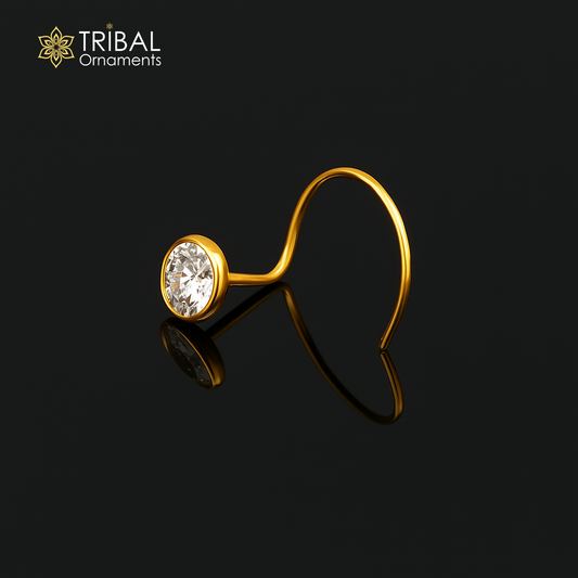 3.5mm 18 kt yellow gold fabulous nose pin, excellent single cz stone nose pin, stunning design gifting gold jewelry for girl's women's gnp40
