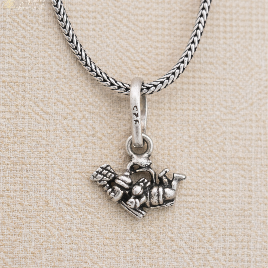 925 sterling silver Flying Hanuman Ji pendant with chain, tribal jewelry featuring detailed Hanuman mythological design.