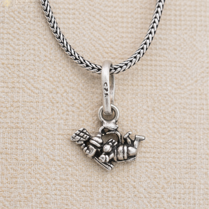 925 sterling silver Flying Hanuman Ji pendant with chain, tribal jewelry featuring detailed Hanuman mythological design.