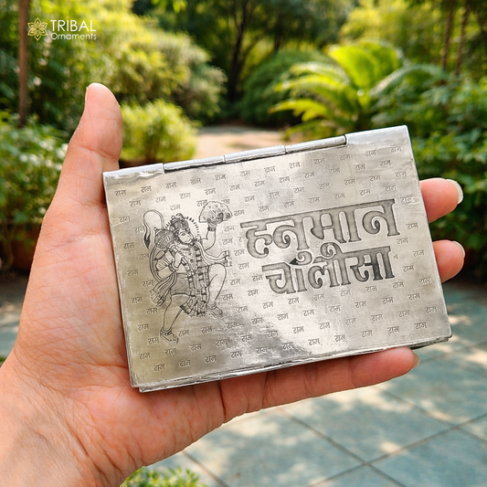 Silver 925 sterling Hanuman Chalisa in Hindi, traditional puja article with intricate design, by TRIBAL ORNAMENTS.