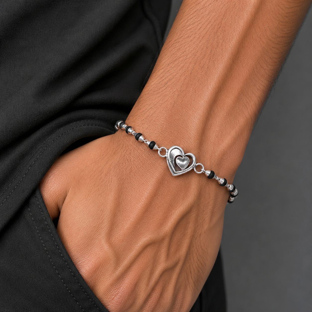 925 Sterling Silver Heart Design Black Tulsi Beads Bracelet rakhi RK394