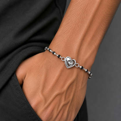 925 Sterling Silver Heart Design Black Tulsi Beads Bracelet rakhi RK394
