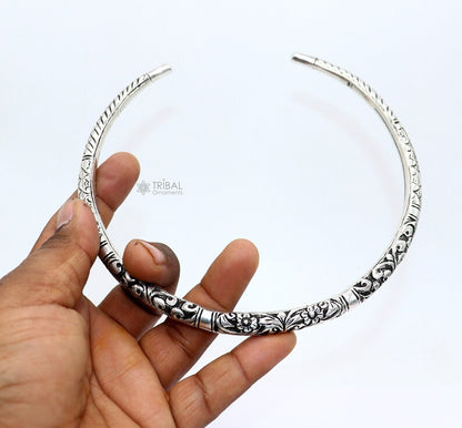 Indian traditional 925 sterling silver choker necklace with customized chitai work, tribal jewelry design, by TRIBAL ORNAMENTS.