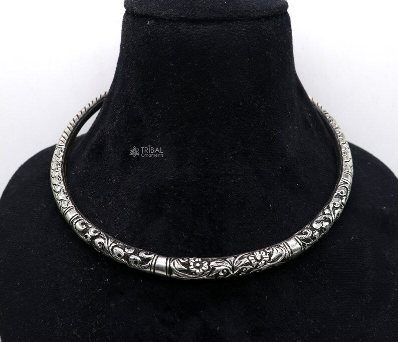 Indian traditional style trendy 925 sterling silver customized chitai/kandrai work Chokar necklace, choker tribal jewelry SET678 - TRIBAL ORNAMENTS