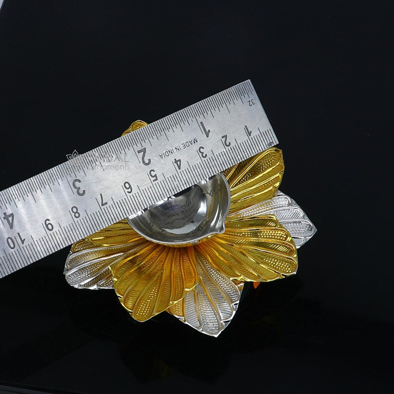 Pure silver flower design oil lamp by TRIBAL ORNAMENTS, decorative deepak for home temple, intricate silver temple utensil