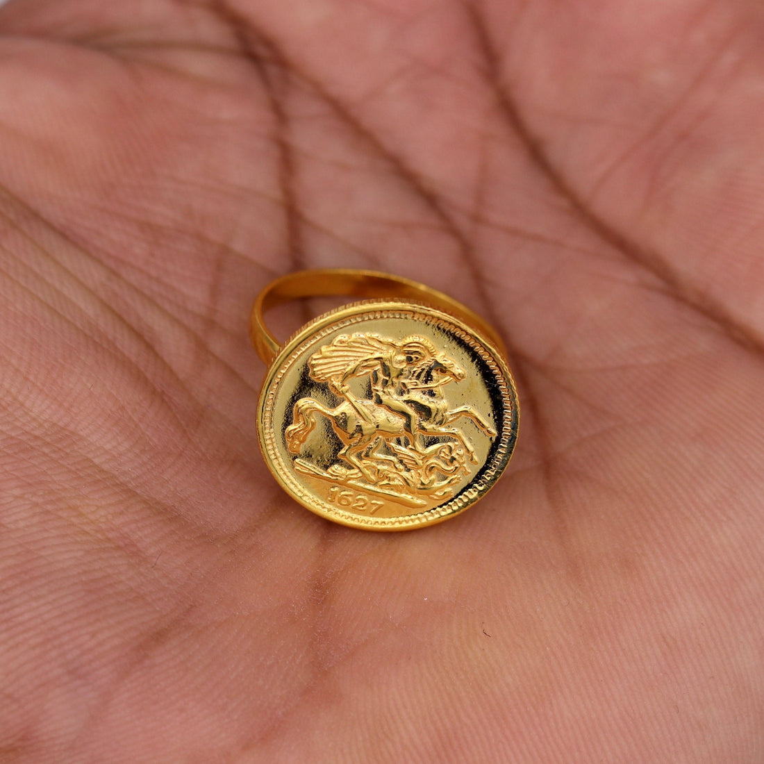 22kt yellow gold handmade ring coin ring with fabulous horse design victorian ring band unisex jewelry from rajasthan india - TRIBAL ORNAMENTS