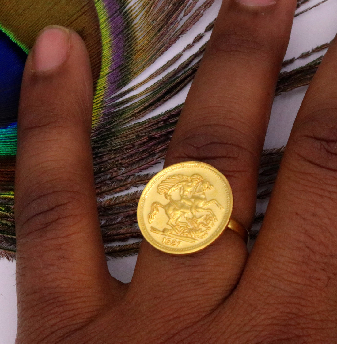 22kt yellow gold handmade ring coin ring with fabulous horse design victorian ring band unisex jewelry from rajasthan india - TRIBAL ORNAMENTS