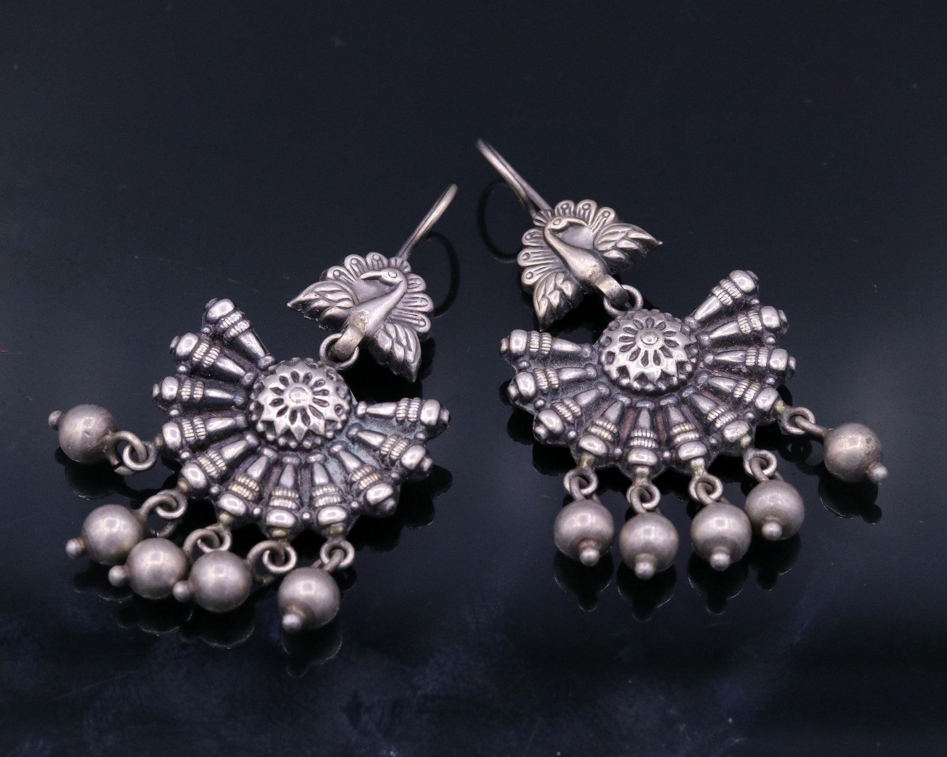 Vintage design 925 sterling silver handmade fabulous peacock hoops  earrings with hanging bells tribal jewelry belly dance india s340 - TRIBAL ORNAMENTS
