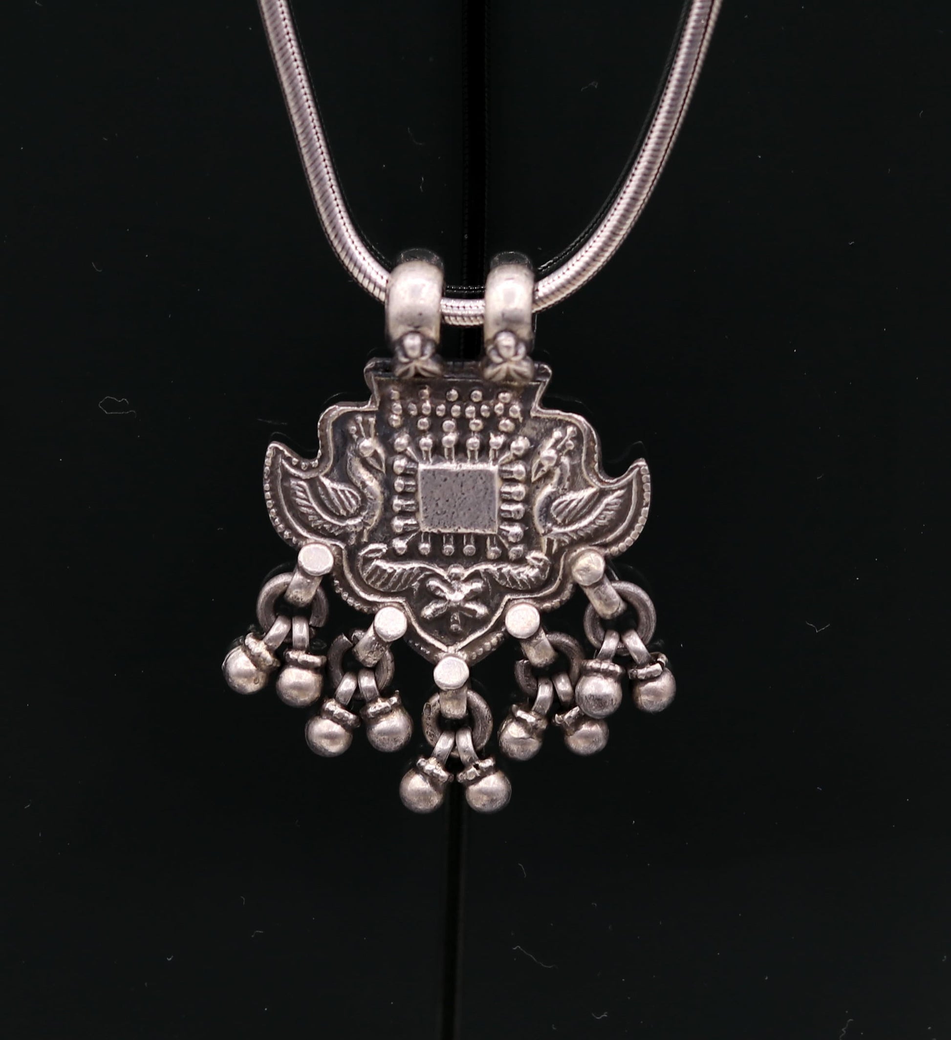 Excellent design 925 Sterling silver handmade gorgeous peacock pendant with hanging bells customized pretty pendant temple jewelry nsp171 - TRIBAL ORNAMENTS