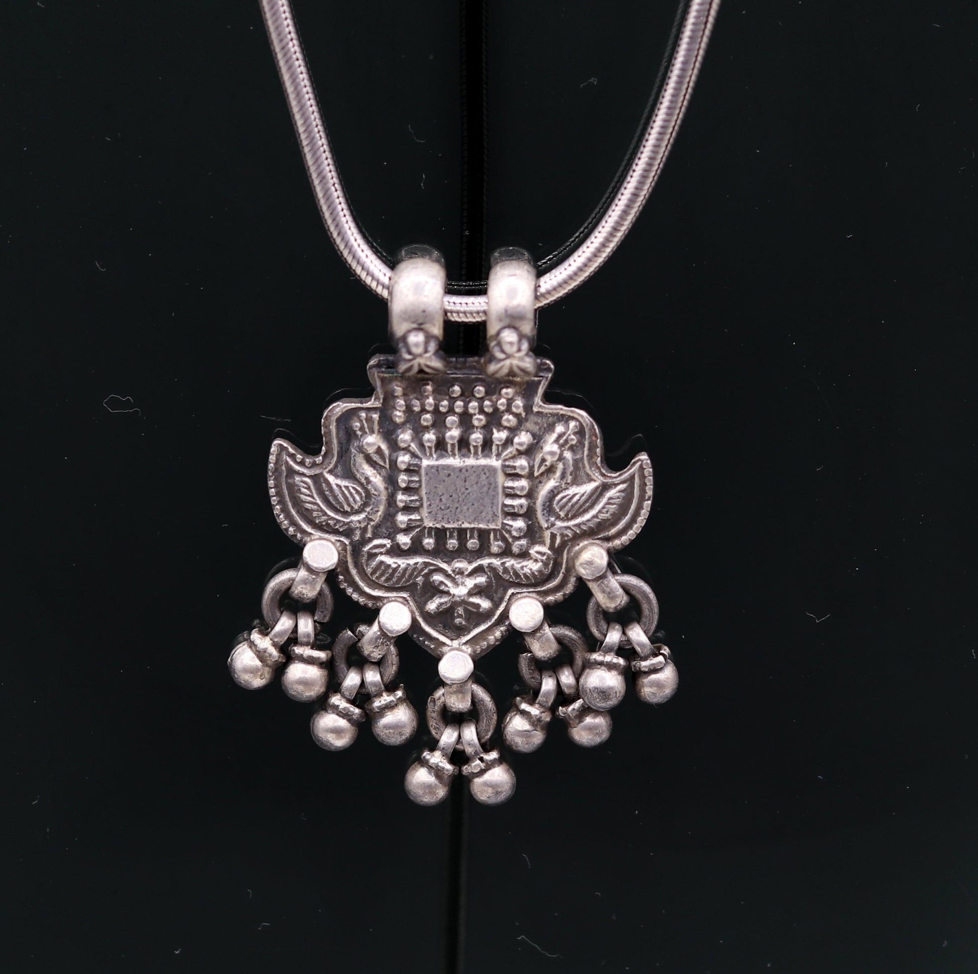 Excellent design 925 Sterling silver handmade gorgeous peacock pendant with hanging bells customized pretty pendant temple jewelry nsp171 - TRIBAL ORNAMENTS