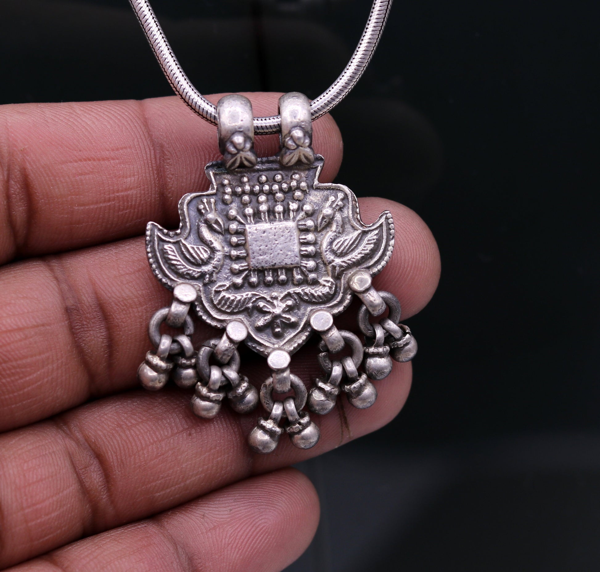 Excellent design 925 Sterling silver handmade gorgeous peacock pendant with hanging bells customized pretty pendant temple jewelry nsp171 - TRIBAL ORNAMENTS