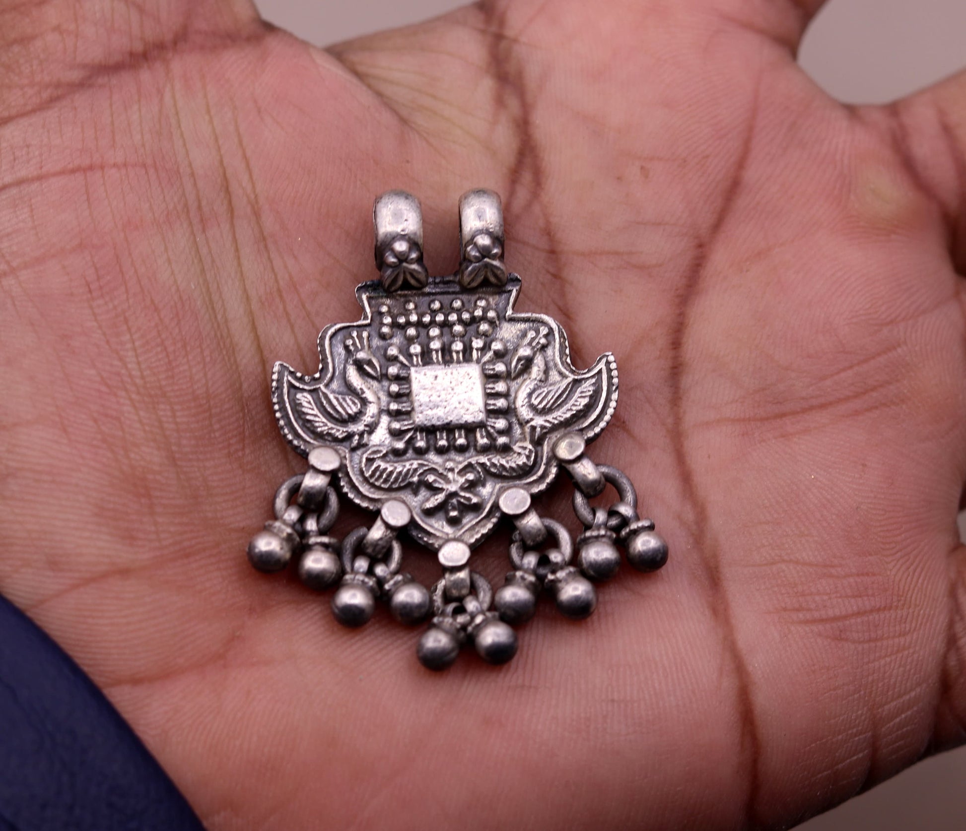 Excellent design 925 Sterling silver handmade gorgeous peacock pendant with hanging bells customized pretty pendant temple jewelry nsp171 - TRIBAL ORNAMENTS