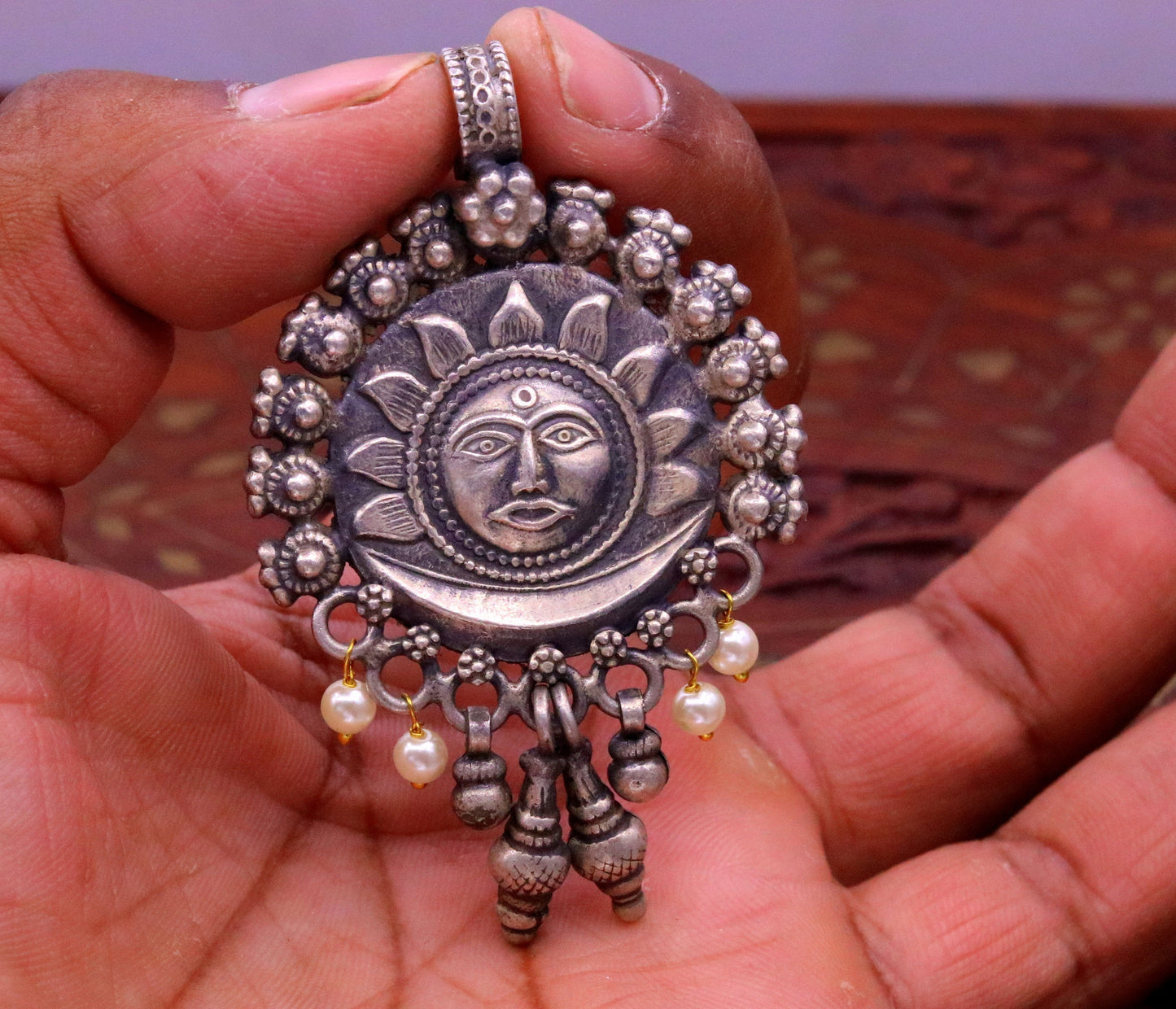 925 sterling silver handmade excellent sun face pendant with hangings, excellent tribal belly dance jewelry from Rajasthan India nsp288 - TRIBAL ORNAMENTS