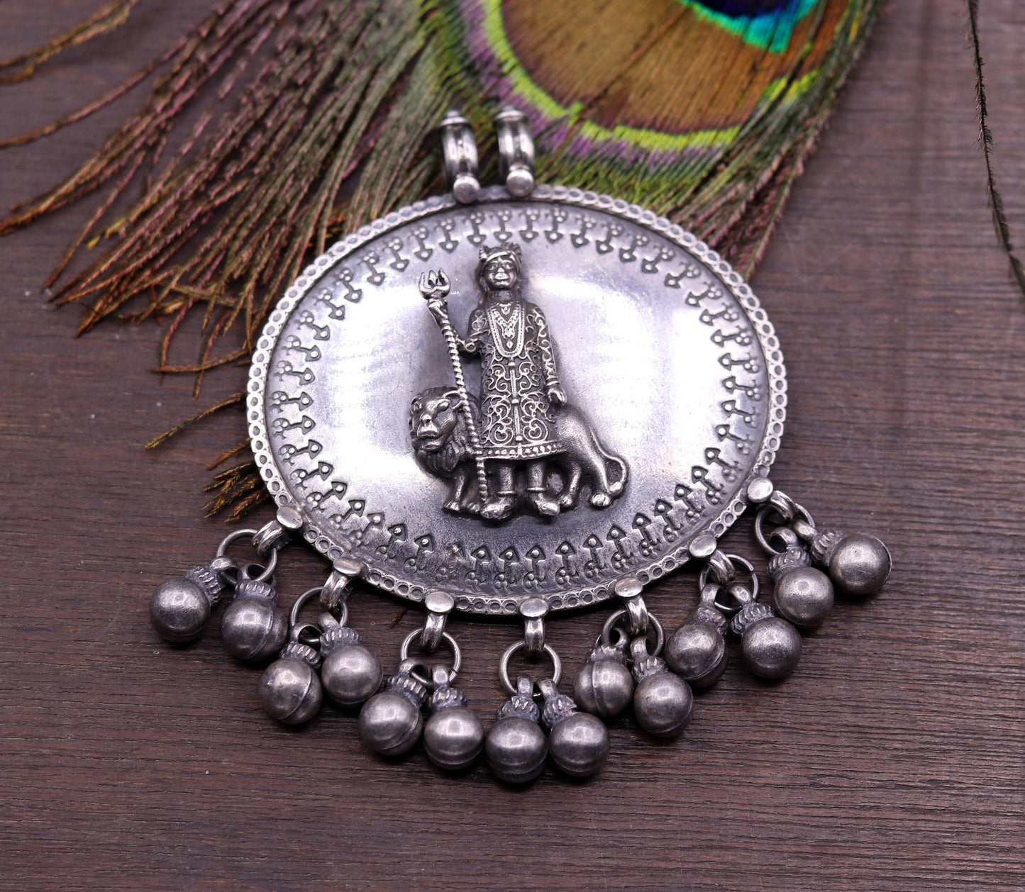 925 sterling silver handmade fabulous vintage tribal design deity pendant necklace from Rajasthan India with bells tribal jewelry nsp238