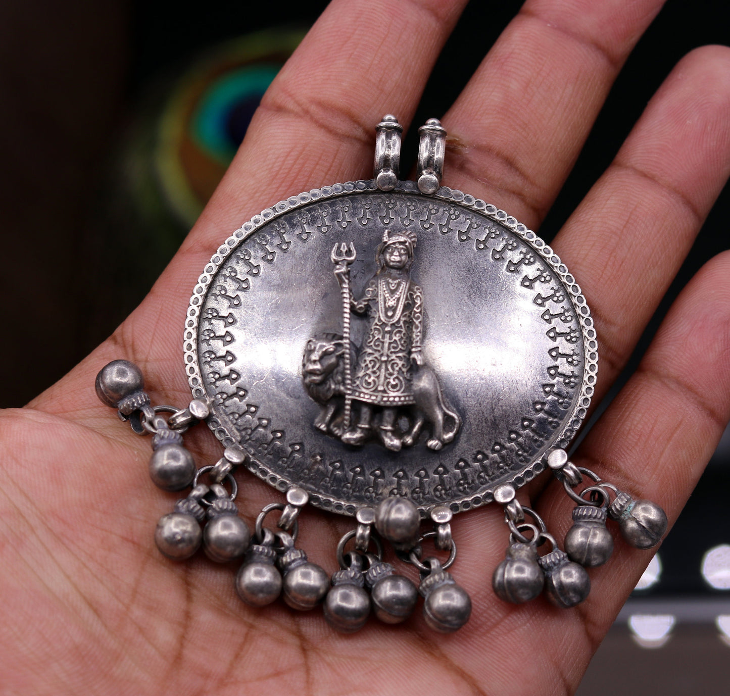 925 sterling silver handmade fabulous vintage tribal design deity pendant necklace from Rajasthan India with bells tribal jewelry nsp238