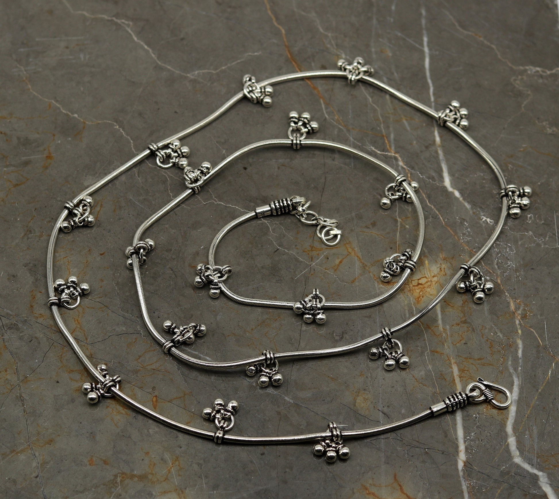 30" to 42" Handmade adjustable 925 sterling silver snake chain waist belt, belly chain waist chain with hanging drops tribal jewelry nwch15 - TRIBAL ORNAMENTS