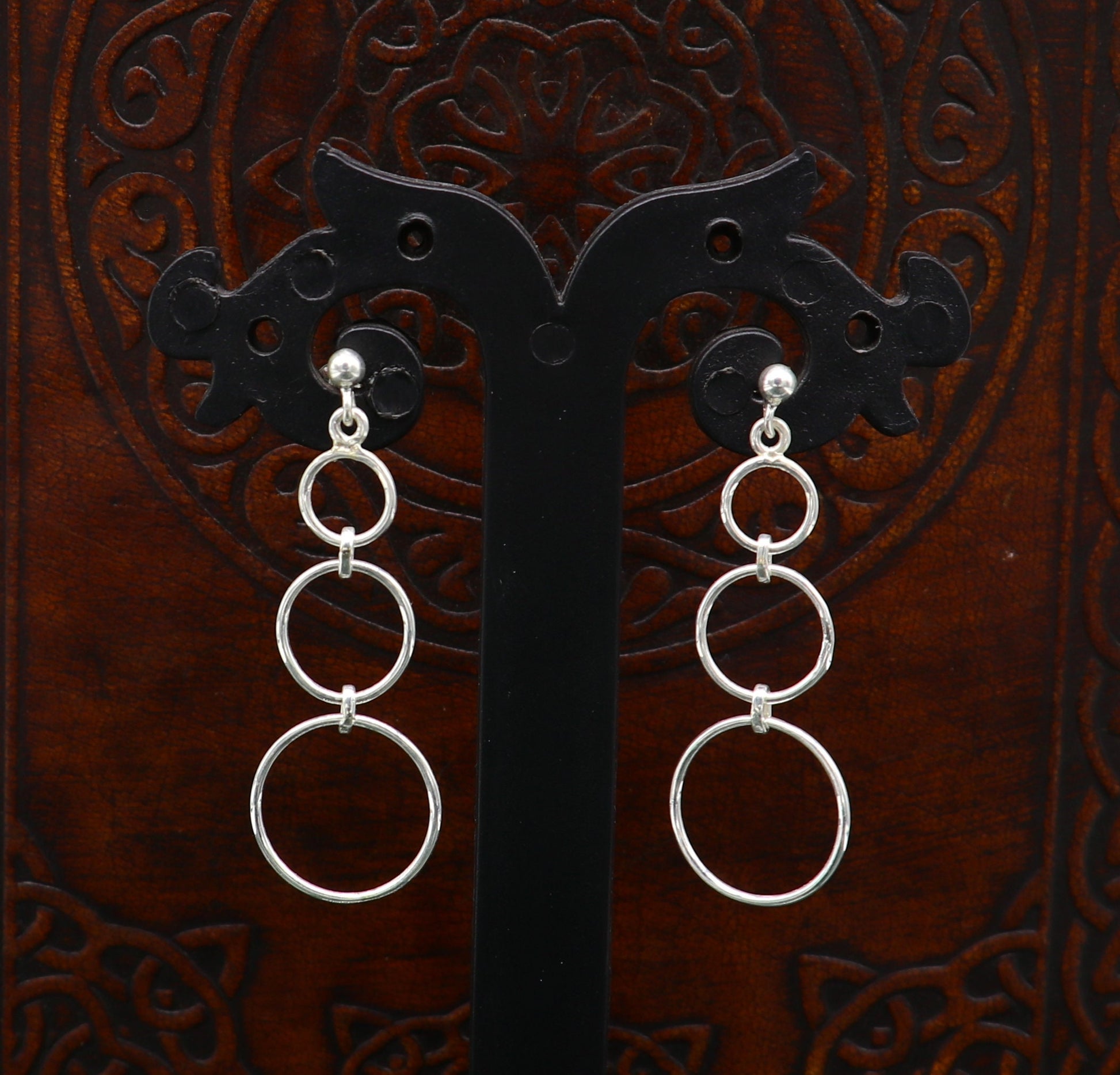 Genuine 925 sterling silver customized 3 circle design dainty plain fancy stud earring, drop dangle geometric earring gift to her ear688 - TRIBAL ORNAMENTS