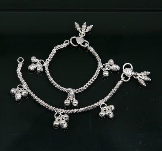 5.5" sterling silver baby kids handmade noisy bells anklets baby ankle bracelet, awesome noisy charm anklets kids jewelry from India ank320