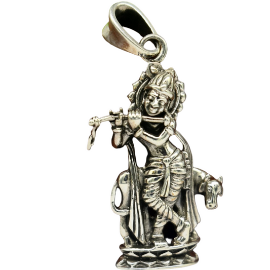 925 sterling silver vintage Antique stylish Hindu idol Krishna with cow Pendant, amazing design stunning pendant gifting jewelry ssp537 - TRIBAL ORNAMENTS