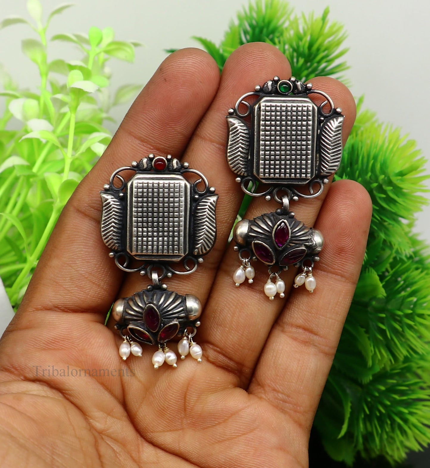925 sterling silver handmade Amazing stunning hanging pearl stud earring, best gifting brides tribal belly dances earrings s936 - TRIBAL ORNAMENTS