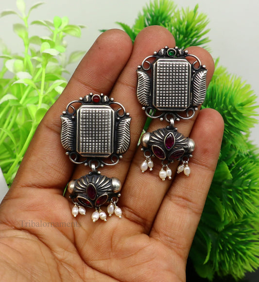 925 sterling silver handmade Amazing stunning hanging pearl stud earring, best gifting brides tribal belly dances earrings s936 - TRIBAL ORNAMENTS
