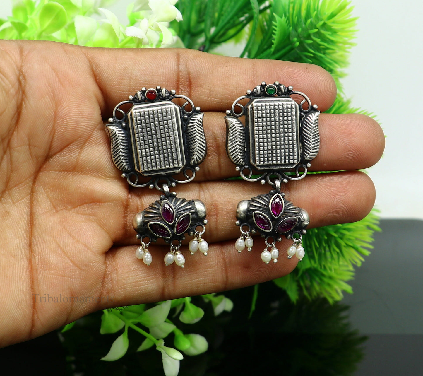 925 sterling silver handmade Amazing stunning hanging pearl stud earring, best gifting brides tribal belly dances earrings s936 - TRIBAL ORNAMENTS