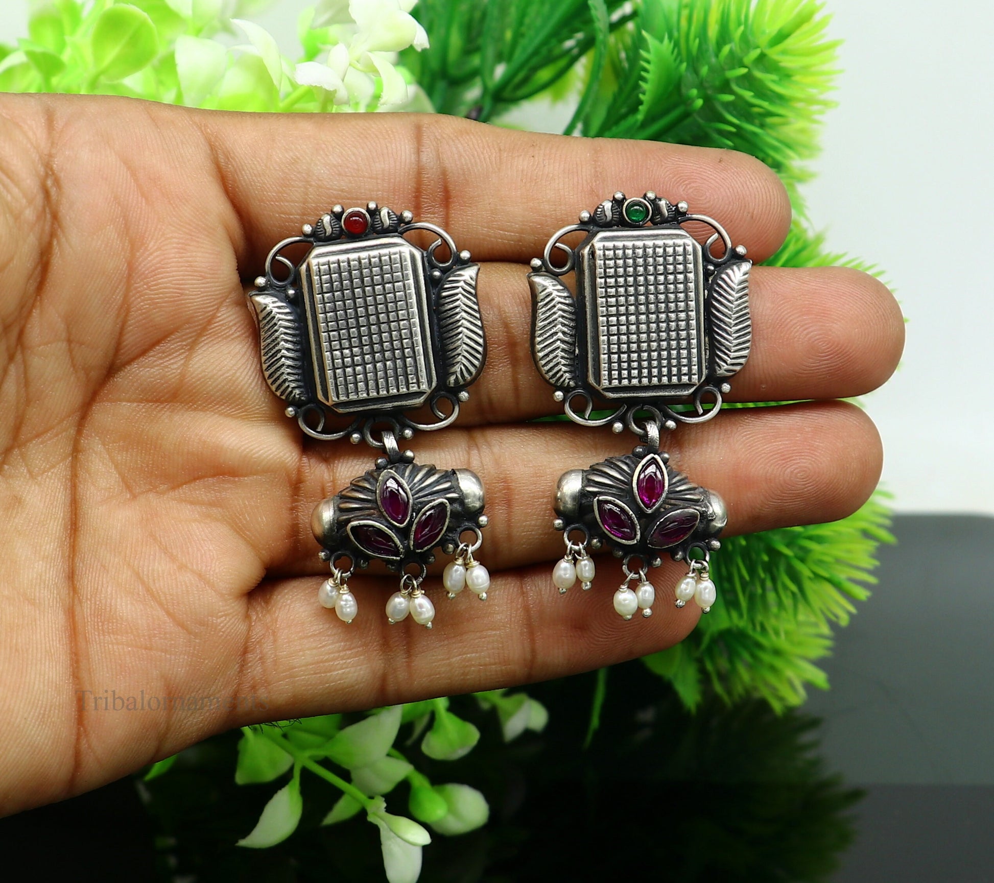 925 sterling silver handmade Amazing stunning hanging pearl stud earring, best gifting brides tribal belly dances earrings s936 - TRIBAL ORNAMENTS