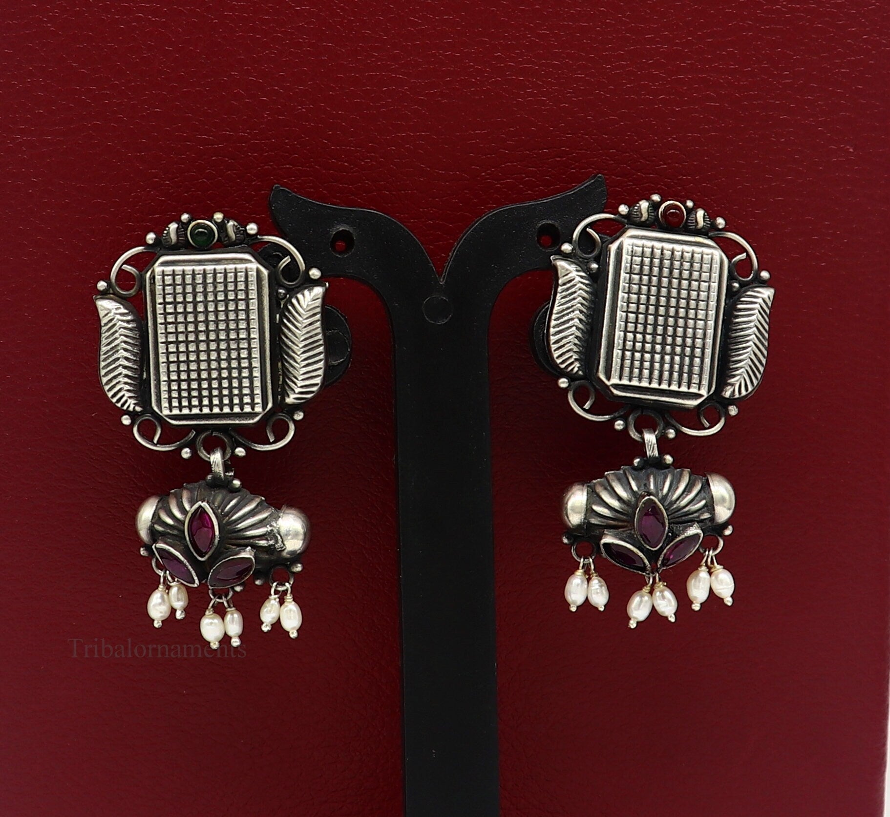 925 sterling silver handmade Amazing stunning hanging pearl stud earring, best gifting brides tribal belly dances earrings s936 - TRIBAL ORNAMENTS