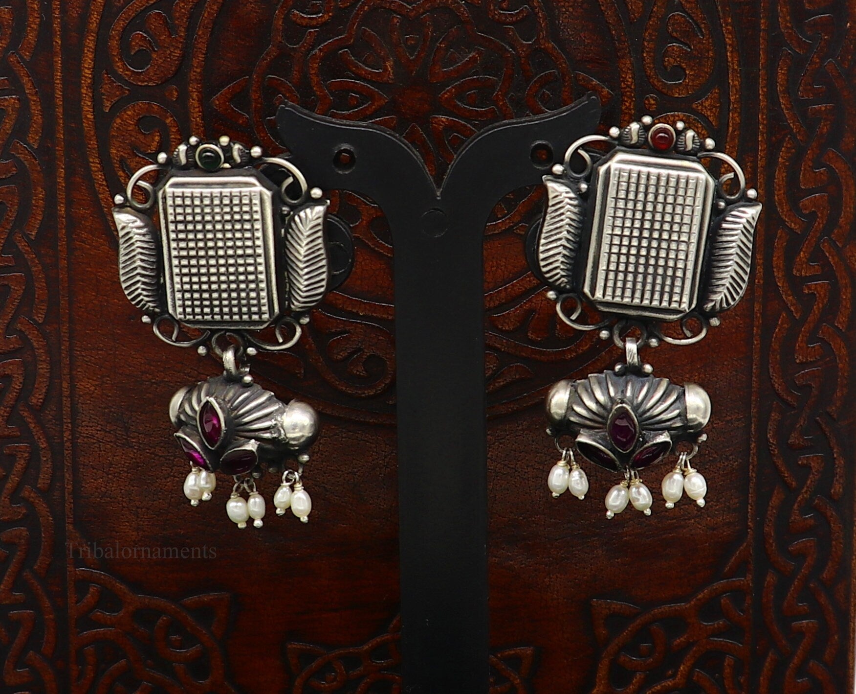 925 sterling silver handmade Amazing stunning hanging pearl stud earring, best gifting brides tribal belly dances earrings s936 - TRIBAL ORNAMENTS