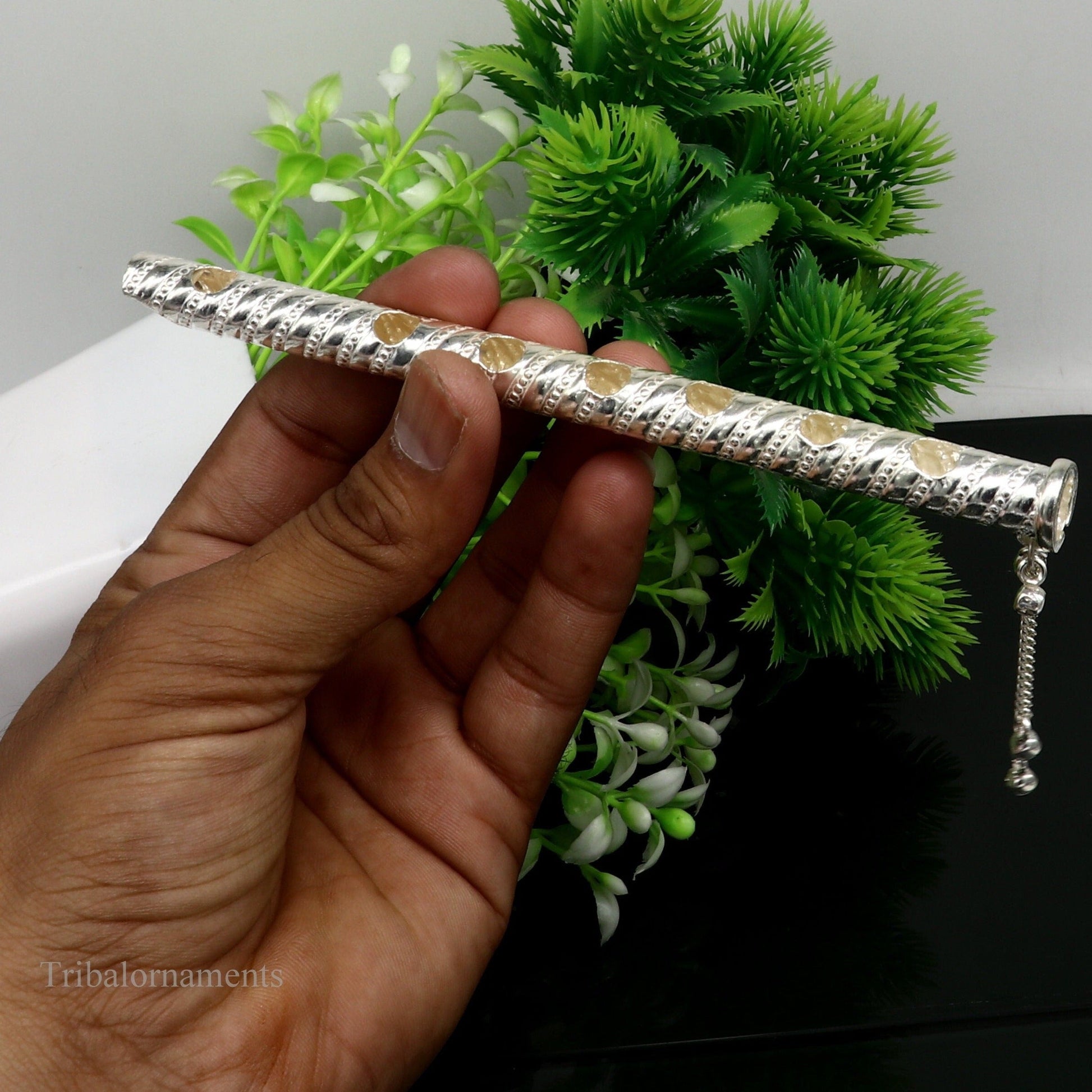 6" long handmade sterling silver stunning divine Lord Krishna flute, Amazing krishna gifting silver accessories, puja utensils su388 - TRIBAL ORNAMENTS