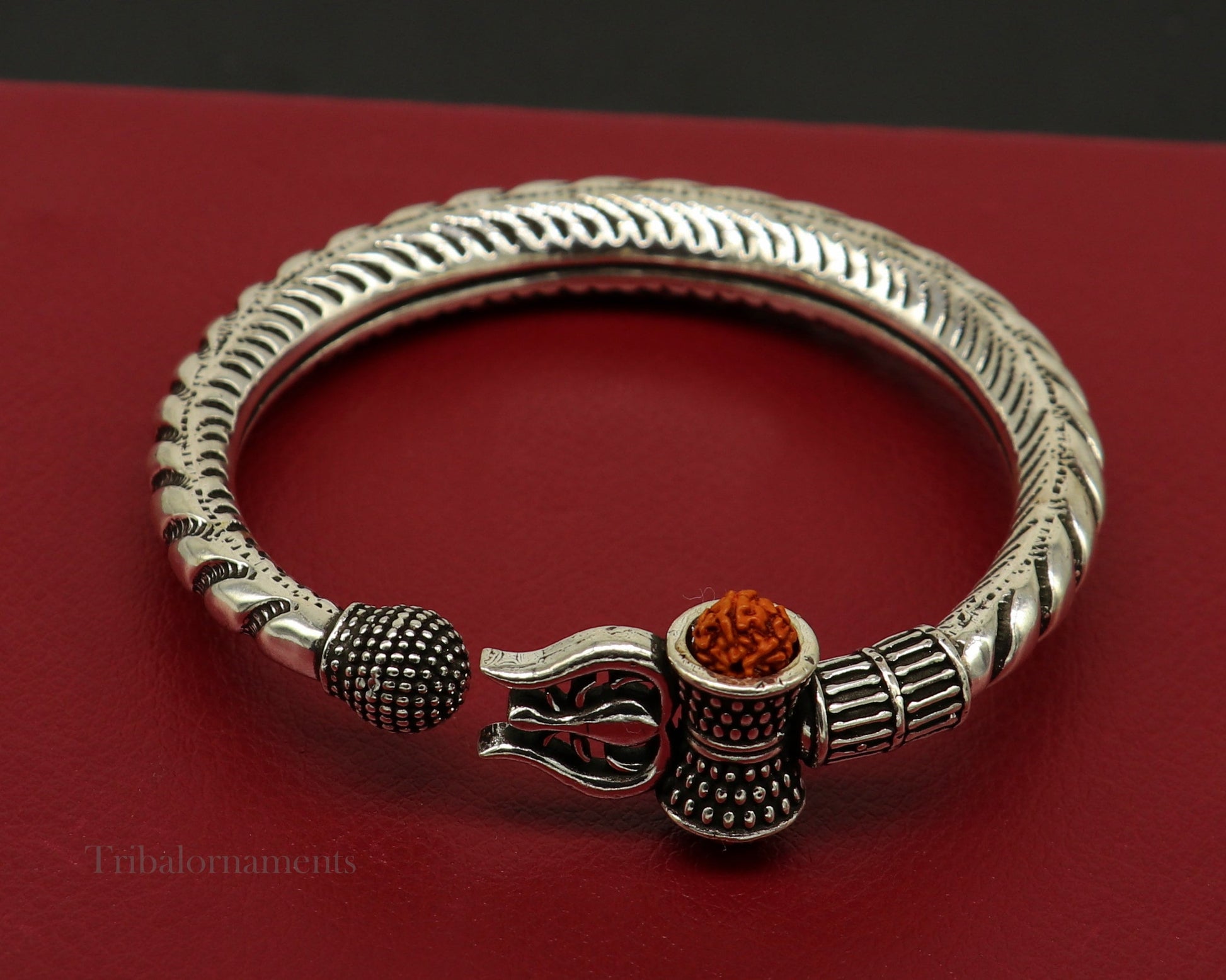 Custom 925 Sterling silver handmade chitai work Lord Shiva trident trishul bangle bracelet natural Rudraksha beads customized kada nssk472 - TRIBAL ORNAMENTS