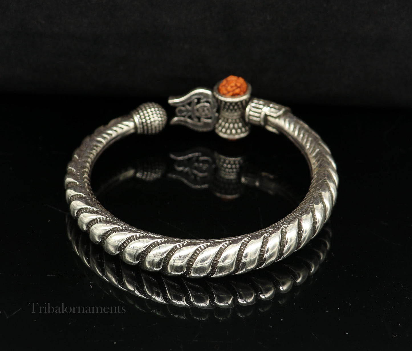 Custom 925 Sterling silver handmade chitai work Lord Shiva trident trishul bangle bracelet natural Rudraksha beads customized kada nssk472 - TRIBAL ORNAMENTS