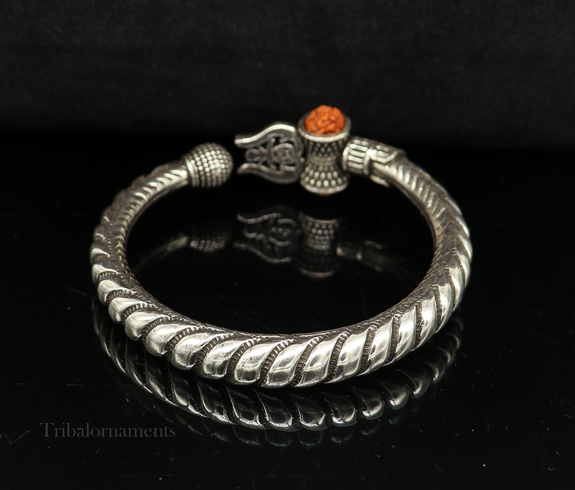 Custom 925 Sterling silver handmade chitai work Lord Shiva trident trishul bangle bracelet natural Rudraksha beads customized kada nssk472 - TRIBAL ORNAMENTS