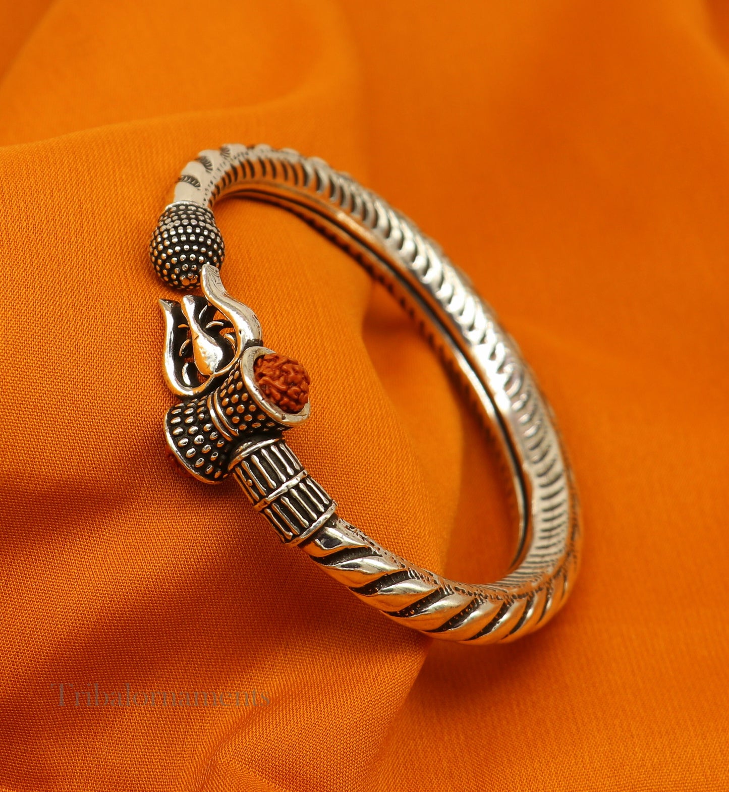 Custom 925 Sterling silver handmade chitai work Lord Shiva trident trishul bangle bracelet natural Rudraksha beads customized kada nssk472 - TRIBAL ORNAMENTS
