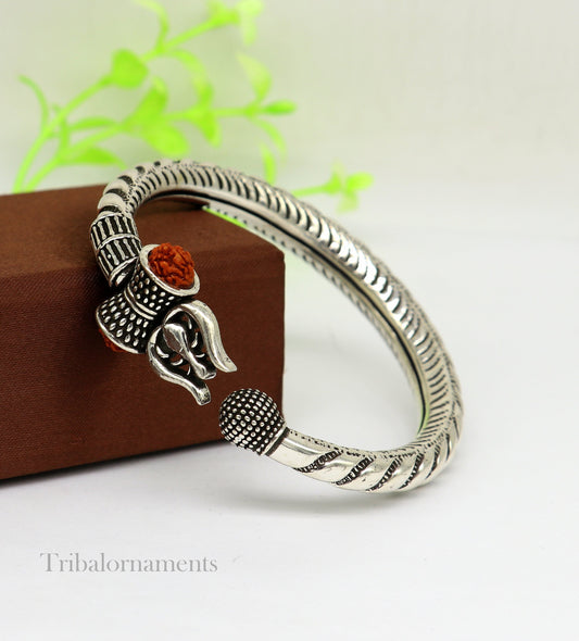 Custom 925 Sterling silver handmade chitai work Lord Shiva trident trishul bangle bracelet natural Rudraksha beads customized kada nssk472 - TRIBAL ORNAMENTS