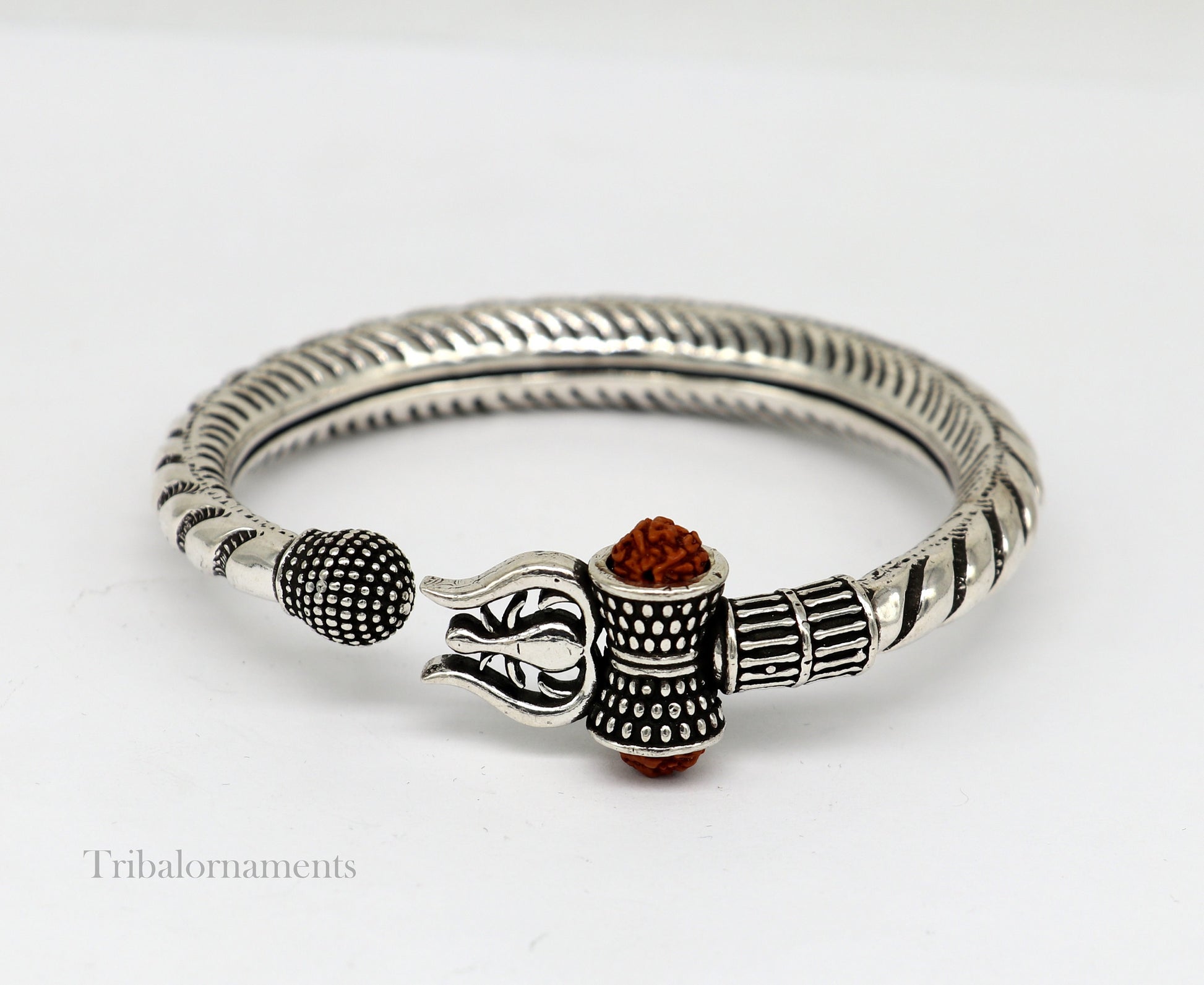 Custom 925 Sterling silver handmade chitai work Lord Shiva trident trishul bangle bracelet natural Rudraksha beads customized kada nssk472 - TRIBAL ORNAMENTS