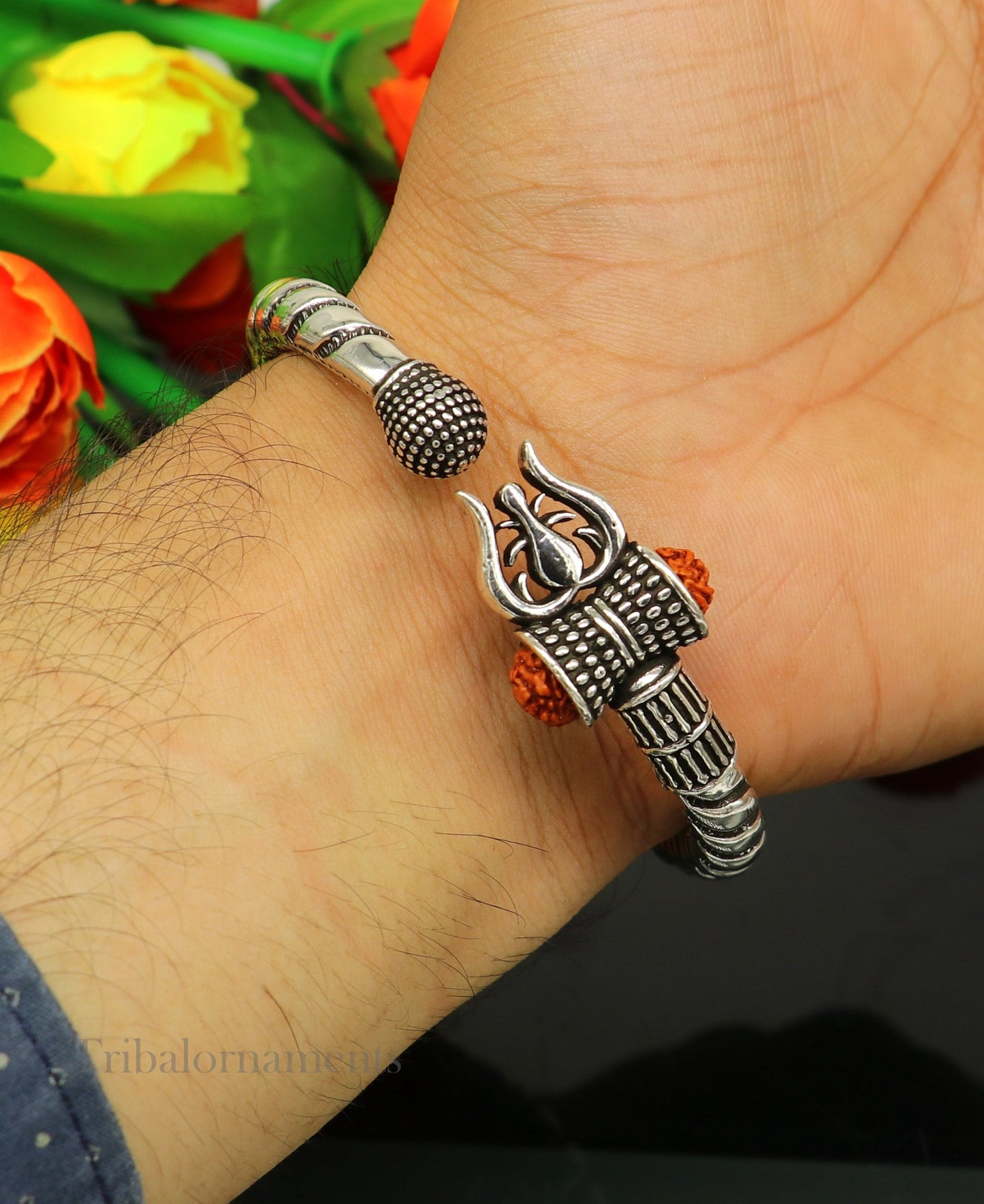 Custom 925 Sterling silver handmade chitai work Lord Shiva trident trishul bangle bracelet natural Rudraksha beads customized kada nssk472 - TRIBAL ORNAMENTS