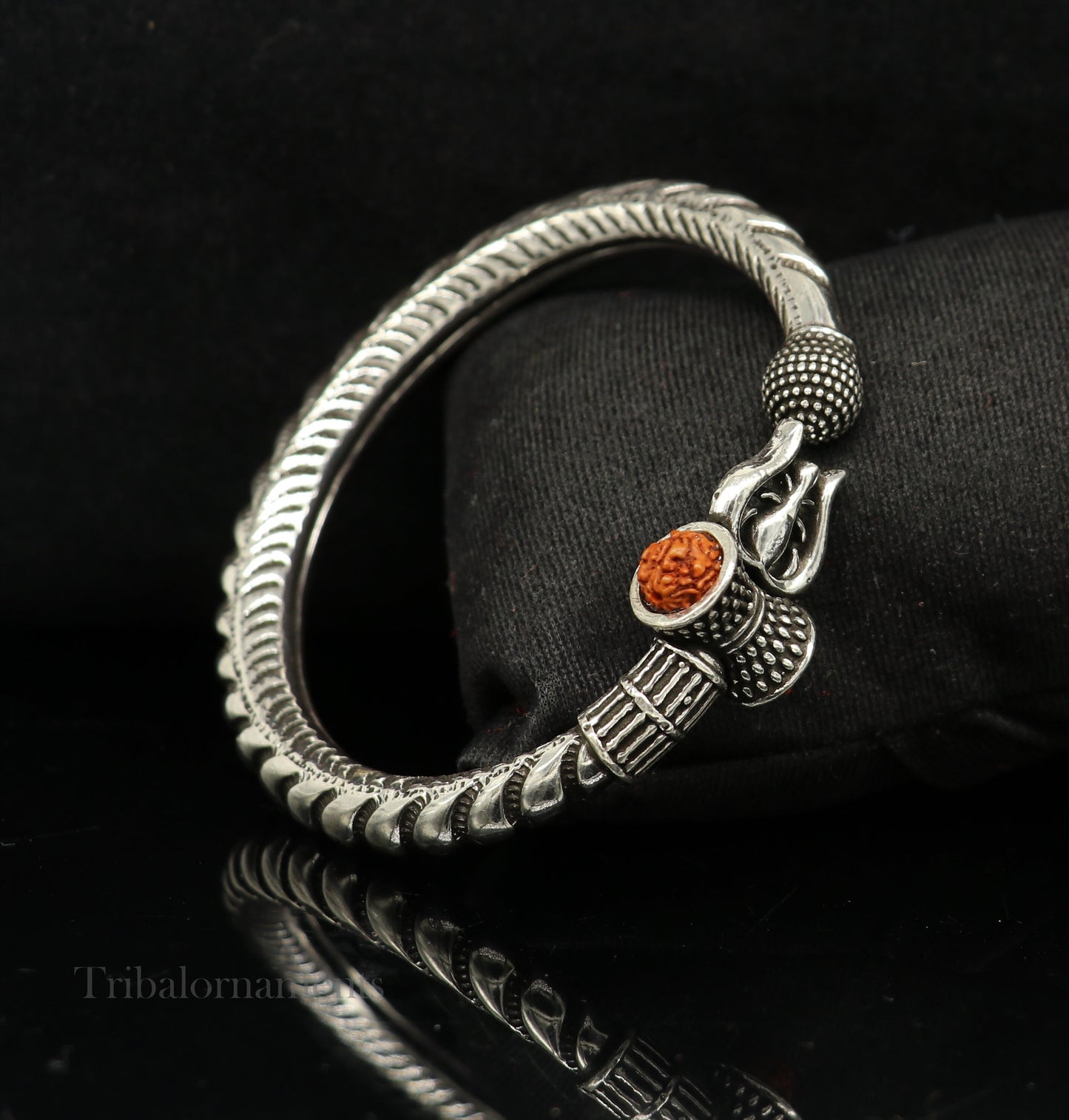 Custom 925 Sterling silver handmade chitai work Lord Shiva trident trishul bangle bracelet natural Rudraksha beads customized kada nssk472 - TRIBAL ORNAMENTS