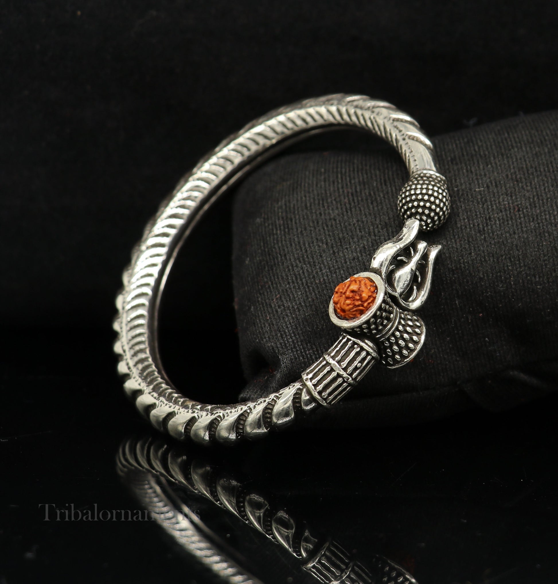 Custom 925 Sterling silver handmade chitai work Lord Shiva trident trishul bangle bracelet natural Rudraksha beads customized kada nssk472 - TRIBAL ORNAMENTS
