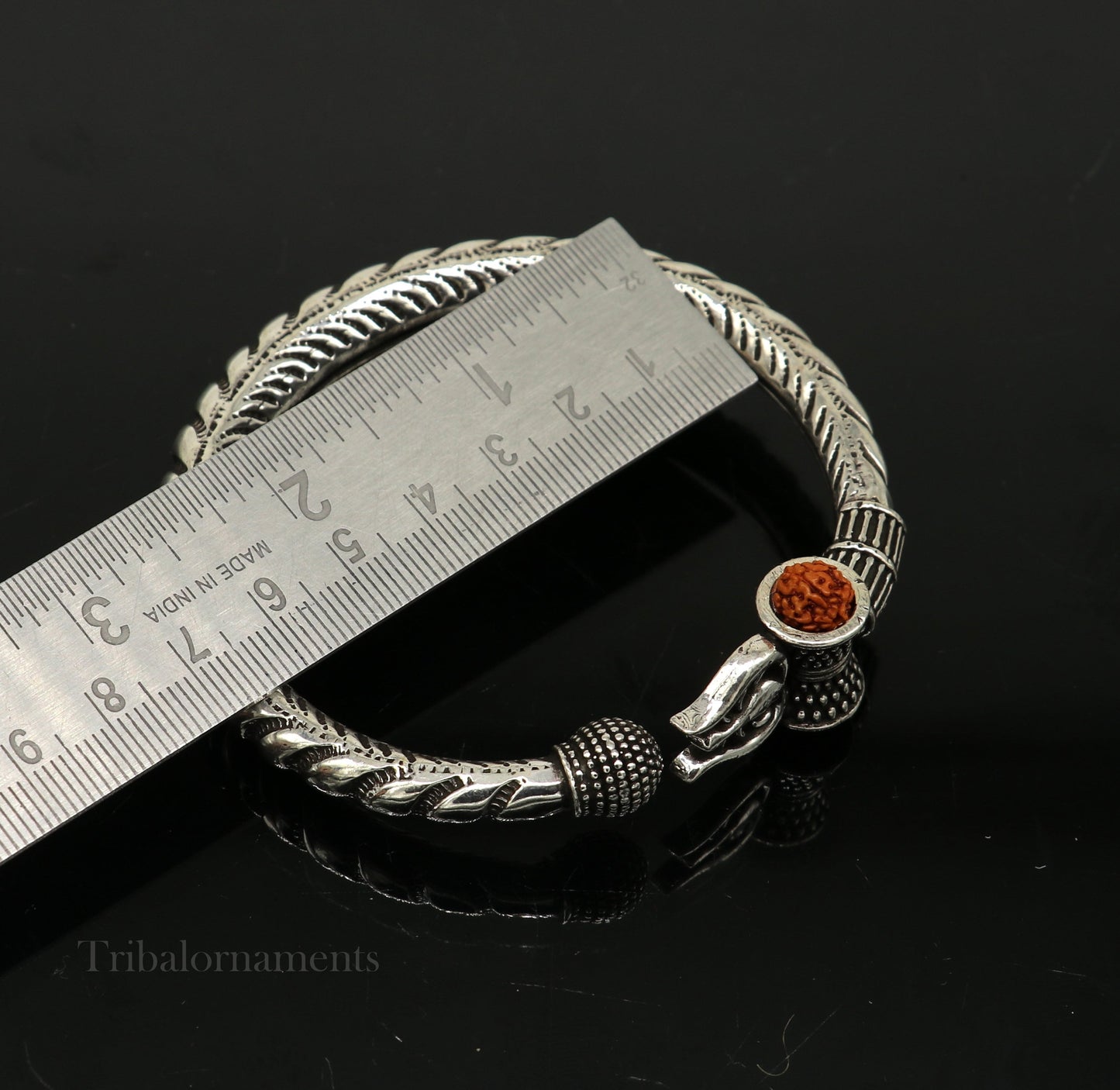 Custom 925 Sterling silver handmade chitai work Lord Shiva trident trishul bangle bracelet natural Rudraksha beads customized kada nssk472 - TRIBAL ORNAMENTS
