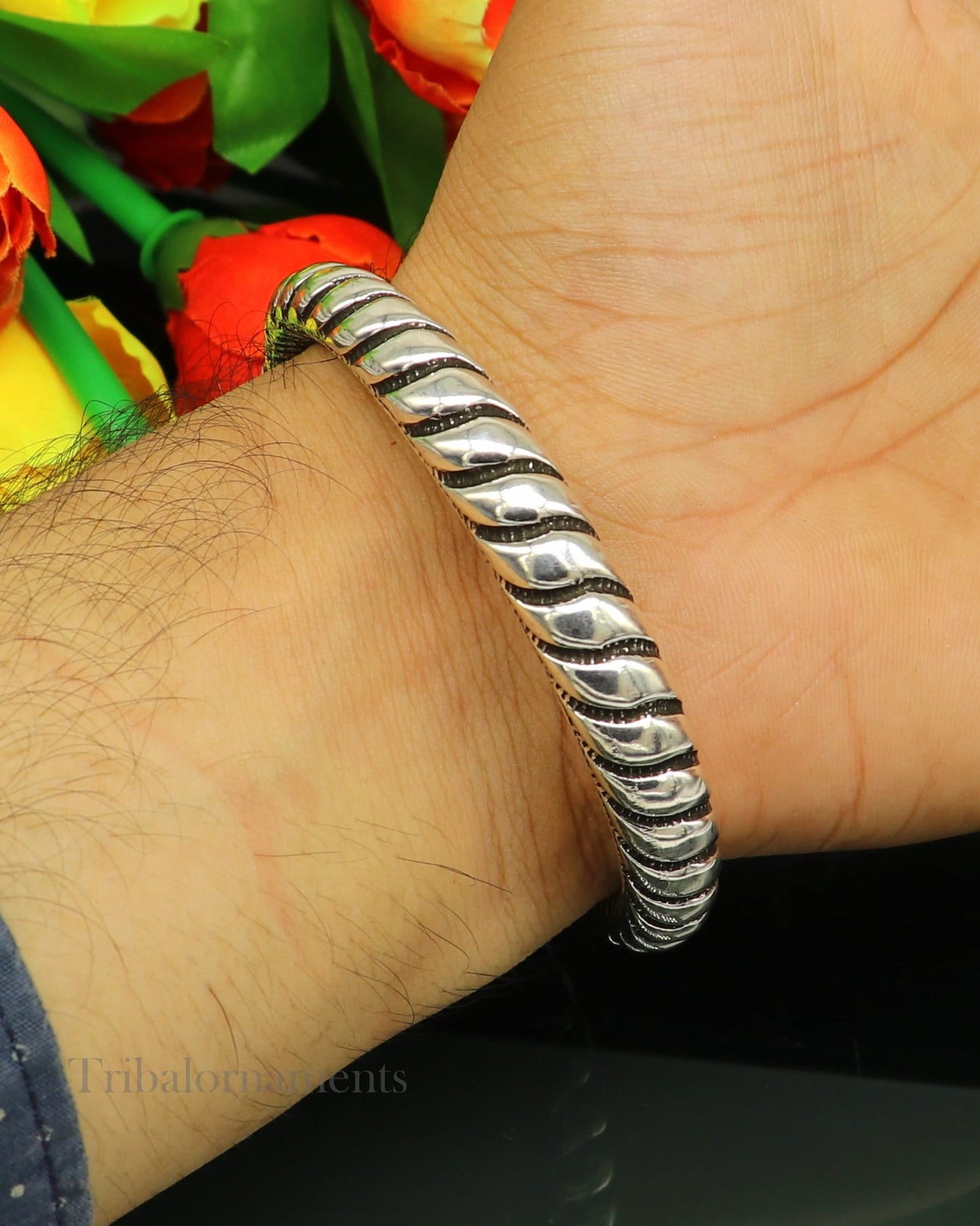 Custom 925 Sterling silver handmade chitai work Lord Shiva trident trishul bangle bracelet natural Rudraksha beads customized kada nssk472 - TRIBAL ORNAMENTS