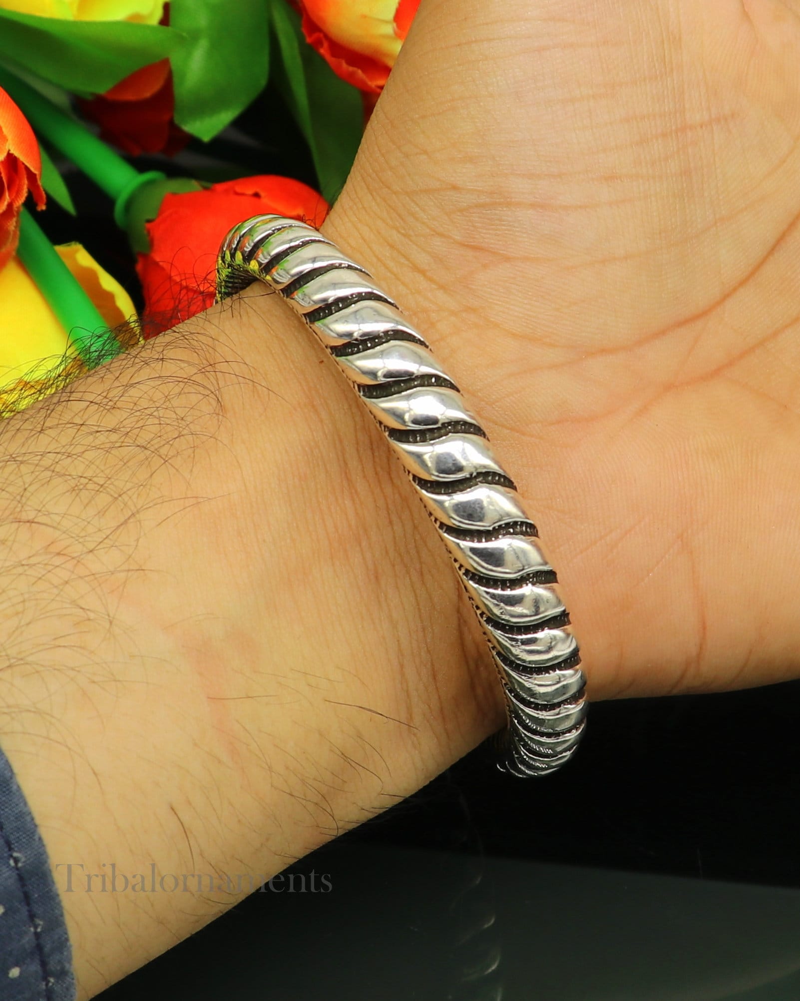 Custom 925 Sterling silver handmade chitai work Lord Shiva trident trishul bangle bracelet natural Rudraksha beads customized kada nssk472 - TRIBAL ORNAMENTS