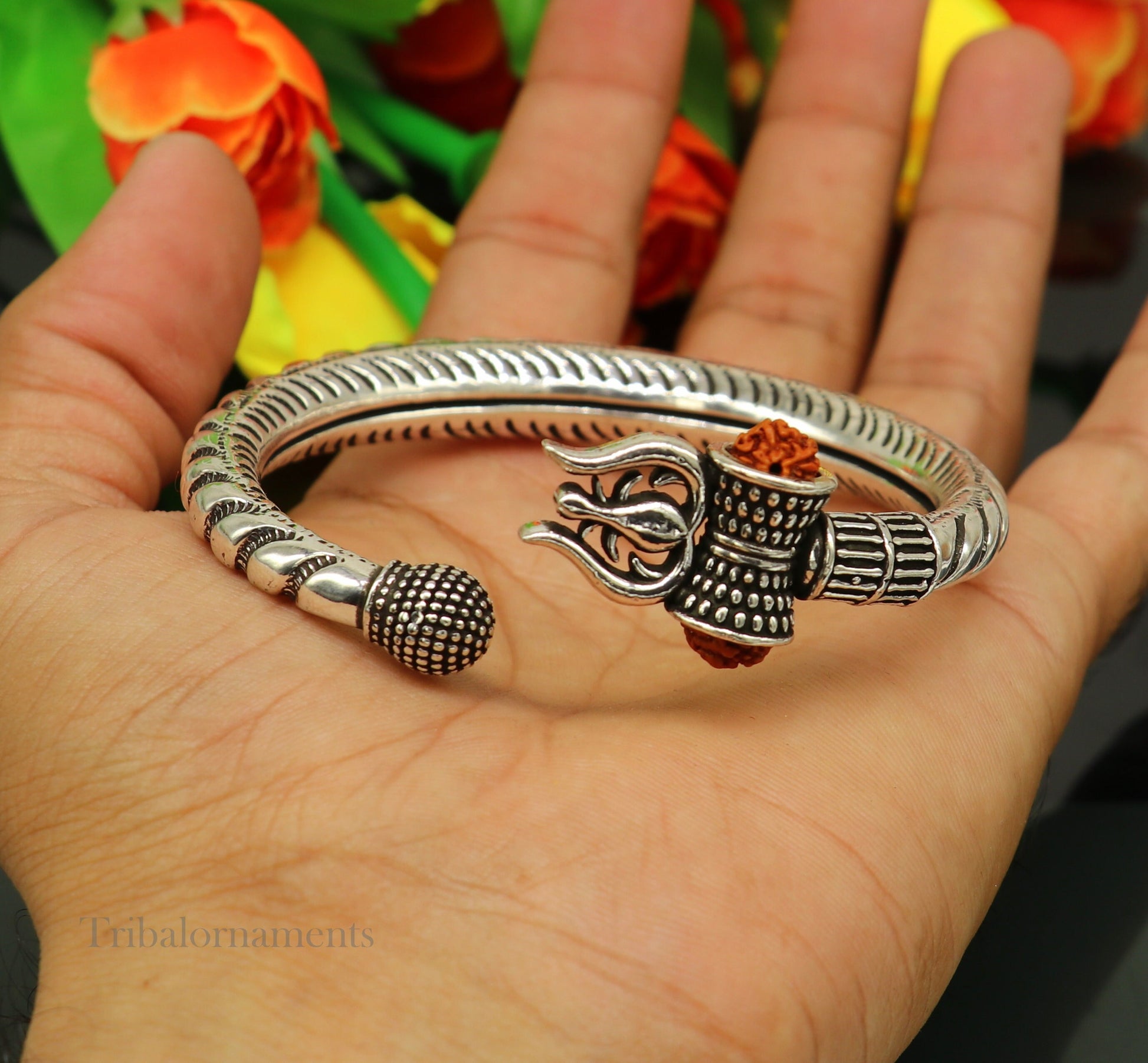 Custom 925 Sterling silver handmade chitai work Lord Shiva trident trishul bangle bracelet natural Rudraksha beads customized kada nssk472 - TRIBAL ORNAMENTS