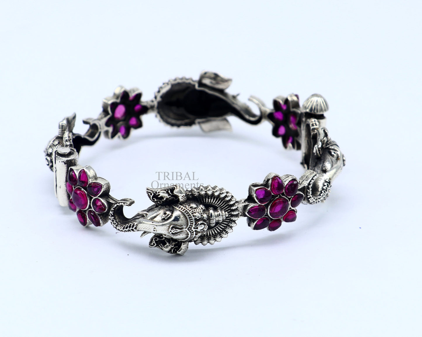 925 sterling silver idol Ganesha design bangle bracelet kada with amazing floral style red stone, best gifting ethnic jewelry Rba0147