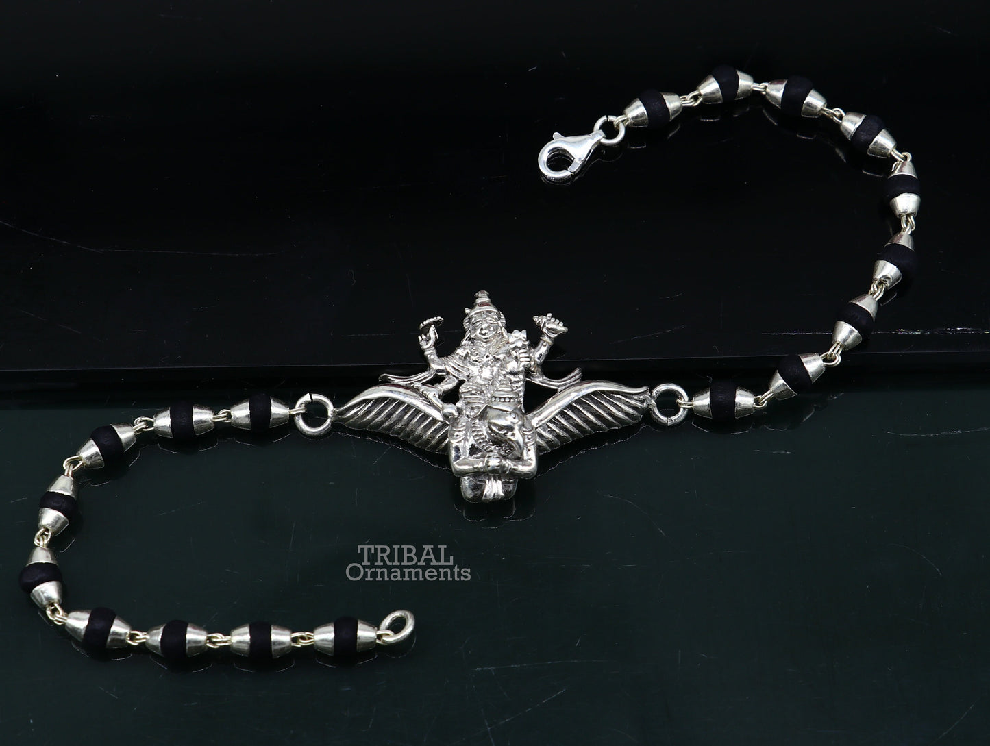 Lord vishnu with Garuda 925 Sterling silver bracelet Rudraksha and silver beads rk197
