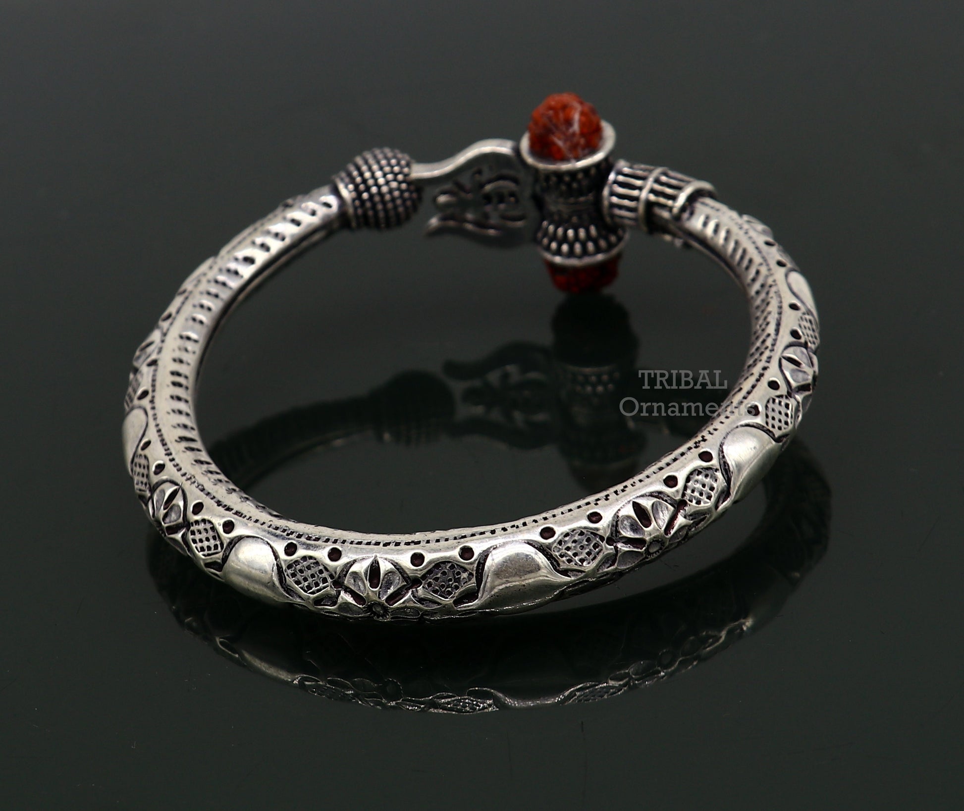 925 Sterling silver handmade chitai work Lord Shiva trident trishul kada bangle bracelet with natural Rudraksha customized kada nsk487 - TRIBAL ORNAMENTS