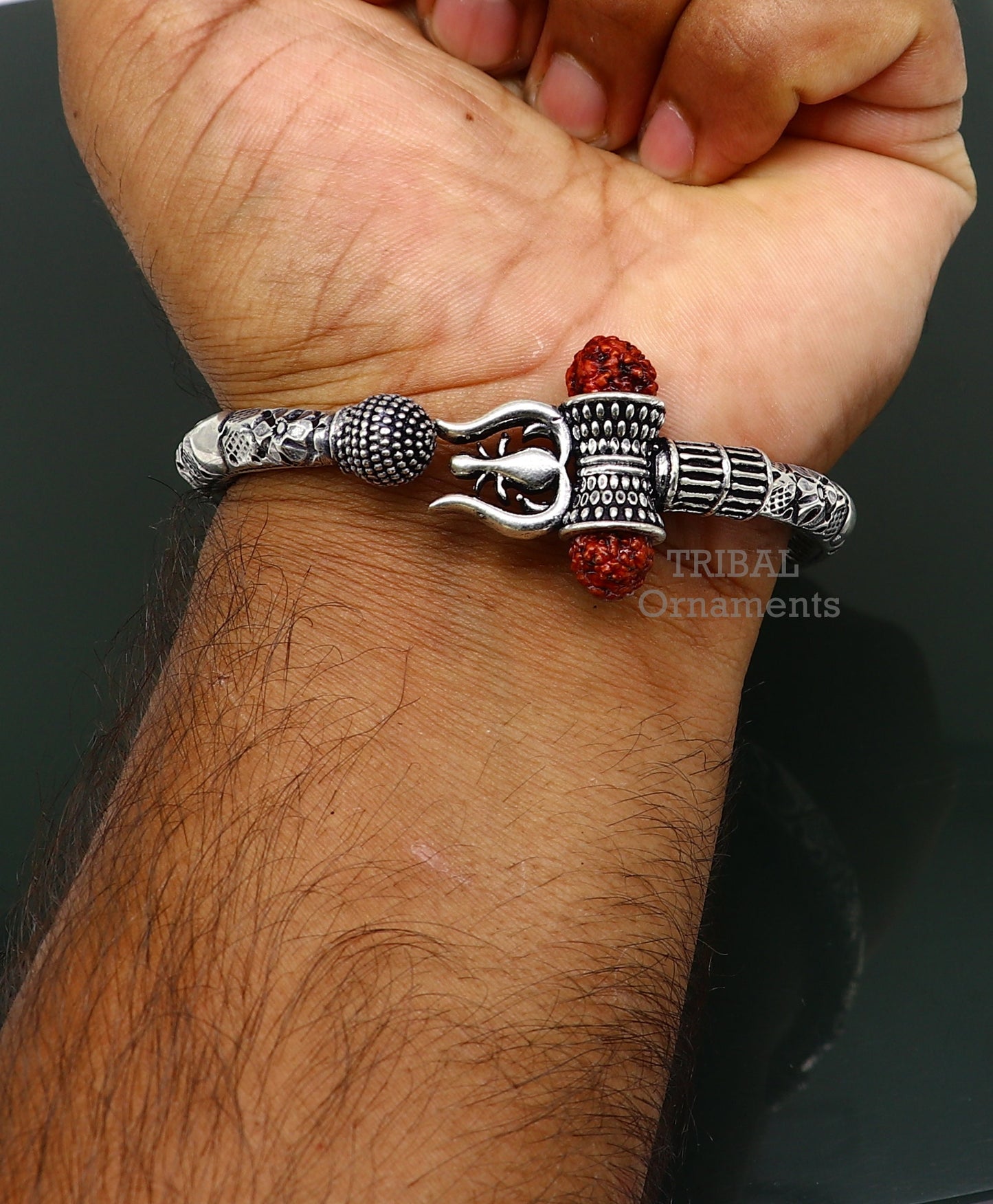 925 Sterling silver handmade chitai work Lord Shiva trident trishul kada bangle bracelet with natural Rudraksha customized kada nsk487 - TRIBAL ORNAMENTS